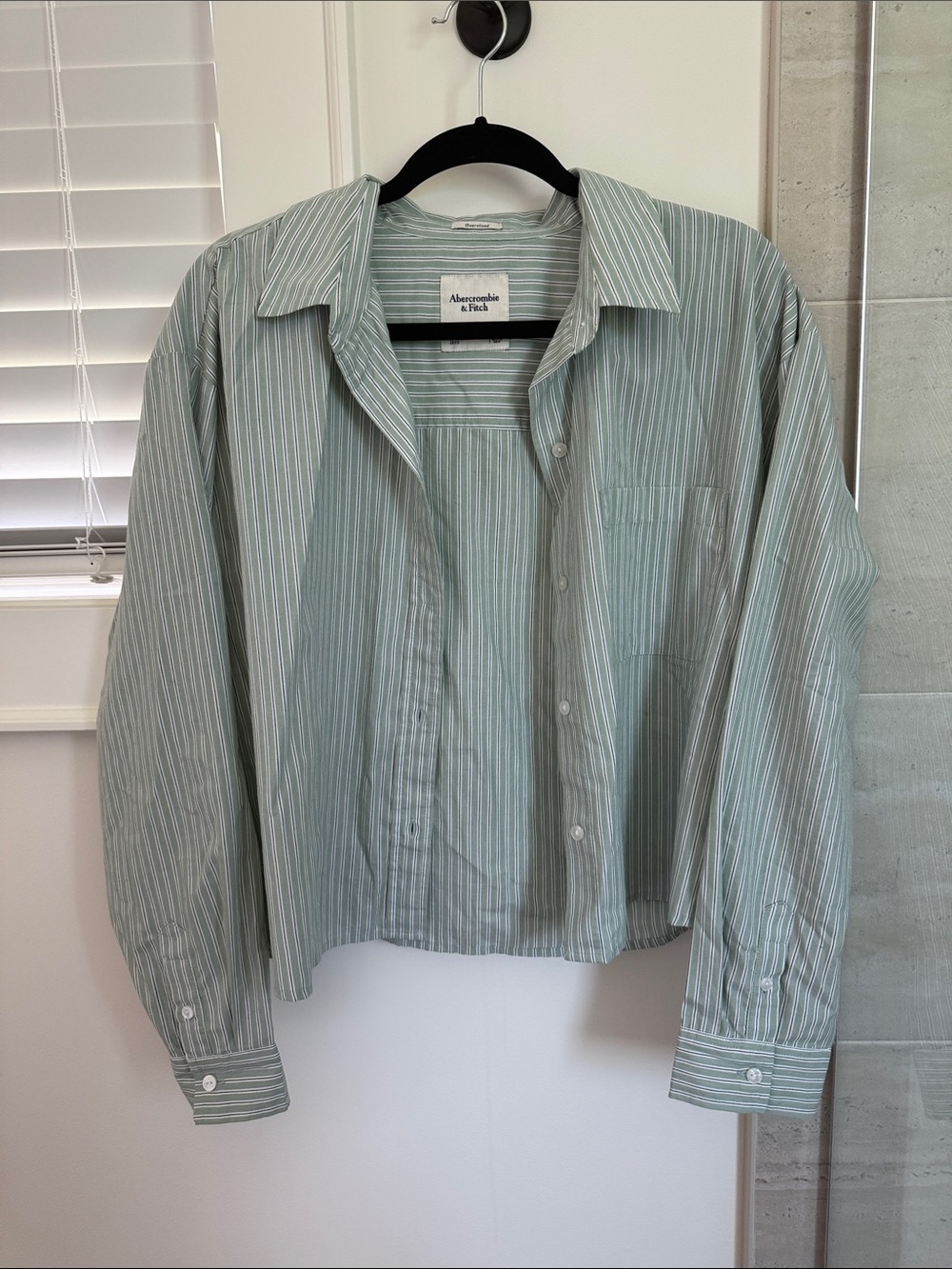 Abercrombie & Fitch Oversized Cropped Mint Green Pinstripe Button-Down Shirt
